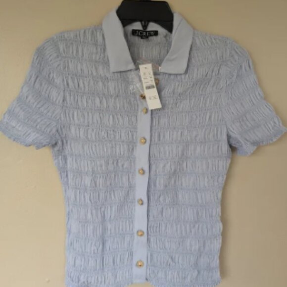 NWT! J. Crew Smocked Button-up Shirt, Cotton Blend Voile, Peri Breeze (SIZE XS) - Picture 1 of 9